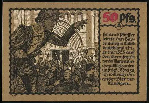 Notgeld Mühlhausen 1921, 50 Pfennig, Darstellung Heinrich Pfeiffer und Bauernkrieg 1525