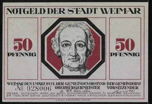 Notgeld Weimar 1921, 50 Pfennig, Ein kleiner Ring begrenzt unser Leben Illustration, Porträt Goethe