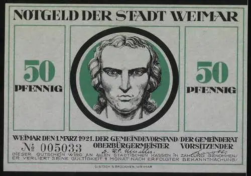 Notgeld Weimar 1921, 50 Pfennig, Illustration von Figuren und Porträt Schiller