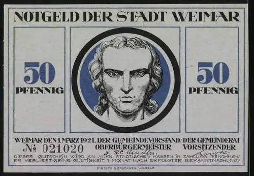 Notgeld Weimar 1921, 50 Pfennig, Darstellung einer Jagdszene und Porträt Schiller