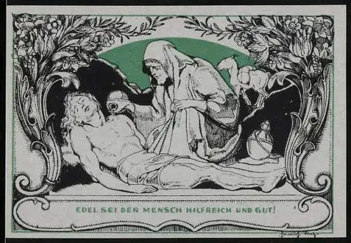 Notgeld Weimar, 1921, 50 Pfennig, Illustration von kranken Mann und Krankenschwester, Porträt Goethe