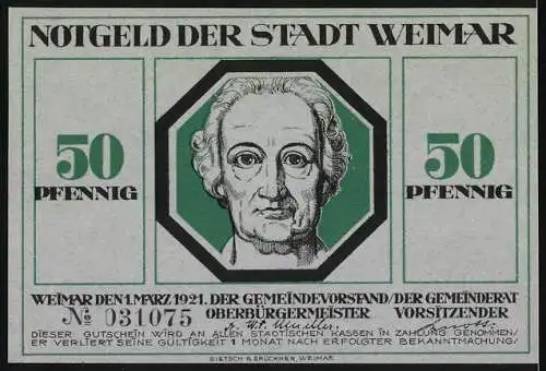 Notgeld Weimar, 1921, 50 Pfennig, Illustration von kranken Mann und Krankenschwester, Porträt Goethe