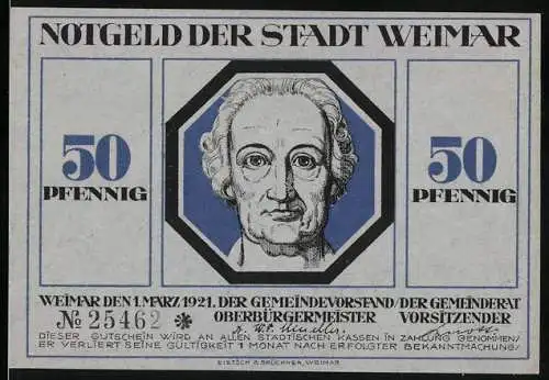 Notgeld Weimar 1921, 50 Pfennig, beidseitig bedruckt mit Porträt Goethe und kämpfender Figur