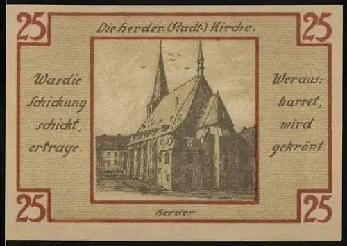 Notgeld Weimar, 1921, 25 Pfennig, Vorderseite Herderkirche mit Spruch, Rückseite Silhouetten und Löwenwappen