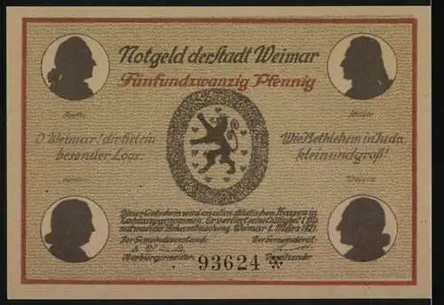 Notgeld Weimar, 1921, 25 Pfennig, Vorderseite Herderkirche mit Spruch, Rückseite Silhouetten und Löwenwappen