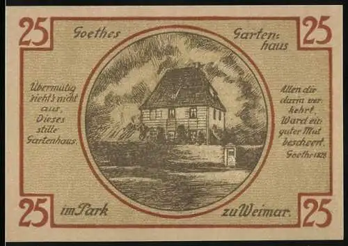 Notgeld Weimar, 1920, 25 Pfennig, Goethes Gartenhaus im Park zu Weimar mit Silhouetten von Goethe und Schiller