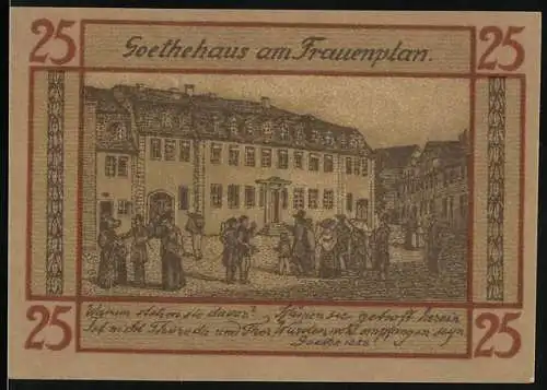 Notgeld Weimar, 1921, 25 Pfennig, Goethehaus am Frauenplan, 4 Silhouetten berühmter Personen, Löwenwappen, Serie 57068