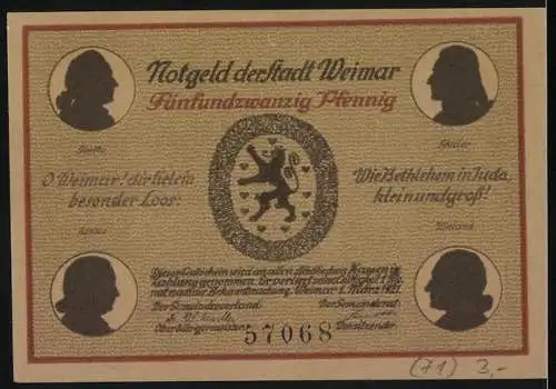 Notgeld Weimar, 1921, 25 Pfennig, Goethehaus am Frauenplan, 4 Silhouetten berühmter Personen, Löwenwappen, Serie 57068