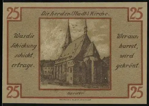 Notgeld Weimar, 1921, 25 Pfennig, Vorderseite Stadtkirche, Rückseite Wappen mit Inschriften