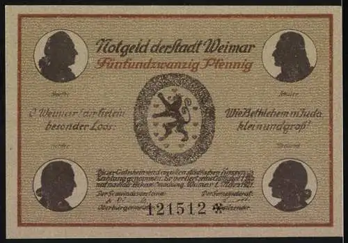 Notgeld Weimar, 1921, 25 Pfennig, Vorderseite Stadtkirche, Rückseite Wappen mit Inschriften