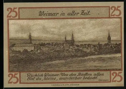 Notgeld Weimar, 1921, 25 Pfennig, Weimar in alter Zeit mit Goethe, Schiller, Herder und Wieland