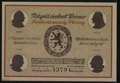 Notgeld Weimar, 1921, 25 Pfennig, Weimar in alter Zeit mit Goethe, Schiller, Herder und Wieland