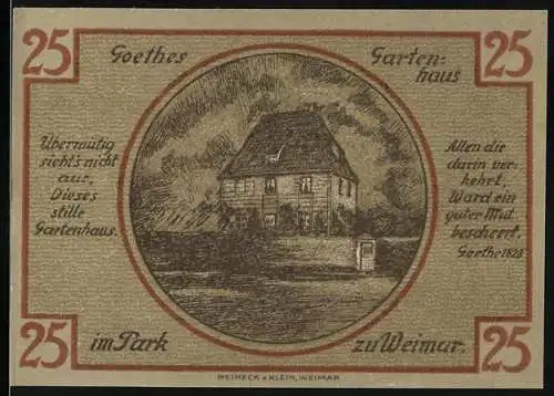 Notgeld Weimar, 1921, 25 Pfennig, Goethes Gartenhaus im Park zu Weimar, Dichterporträts und Stadtwappen