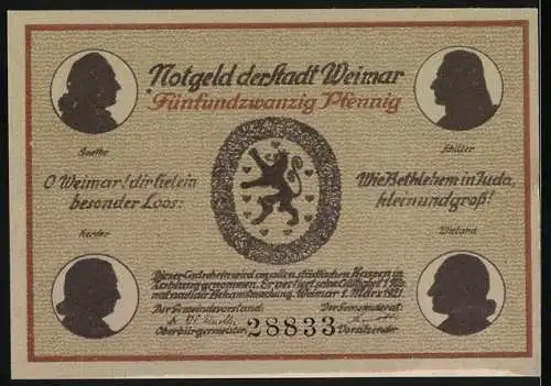 Notgeld Weimar, 1921, 25 Pfennig, Goethes Gartenhaus im Park zu Weimar, Dichterporträts und Stadtwappen