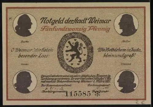 Notgeld Weimar, 1921, 25 Pfennig, Schillerhaus und Dichterporträts