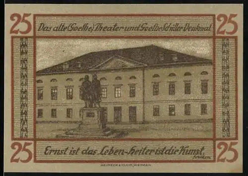 Notgeld Weimar, 25 Pfennig, Goethe-Schiller-Denkmal und historisches Theater in Weimar