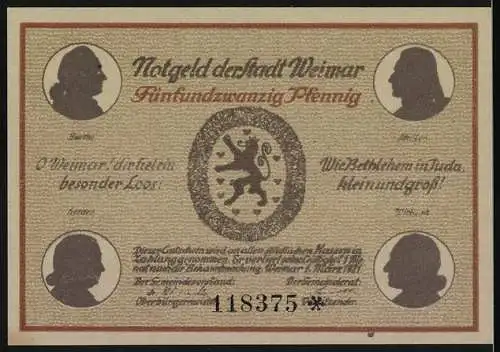 Notgeld Weimar, 25 Pfennig, Goethe-Schiller-Denkmal und historisches Theater in Weimar