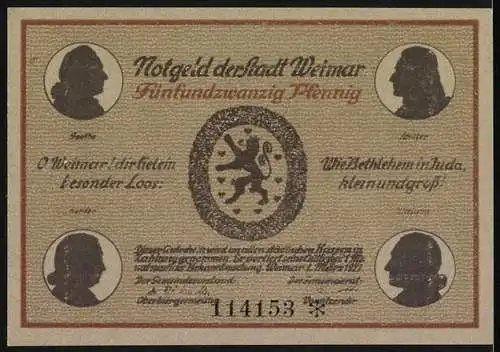 Notgeld Weimar, 1921, 25 Pfennig, Goethehaus am Frauenplan und Weimarer Persönlichkeiten