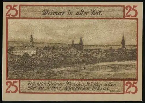 Notgeld Weimar, 1921, 25 Pfennig, Stadtansicht und Porträts mit Wappen und Sprüchen