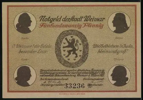 Notgeld Weimar, 1921, 25 Pfennig, Stadtansicht und Porträts mit Wappen und Sprüchen