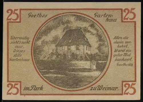 Notgeld Weimar, 1921, 25 Pfennig, Goethes Gartenhaus im Park und Wappen der Stadt