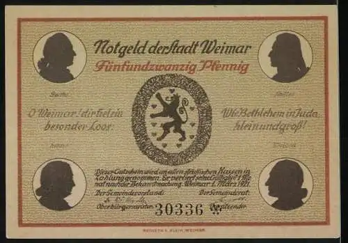 Notgeld Weimar, 1921, 25 Pfennig, Goethes Gartenhaus im Park und Wappen der Stadt