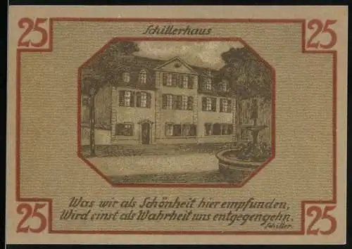 Notgeld Weimar, 1921, 25 Pfennig, Schillerhaus mit Zitaten von Goethe und Wieland