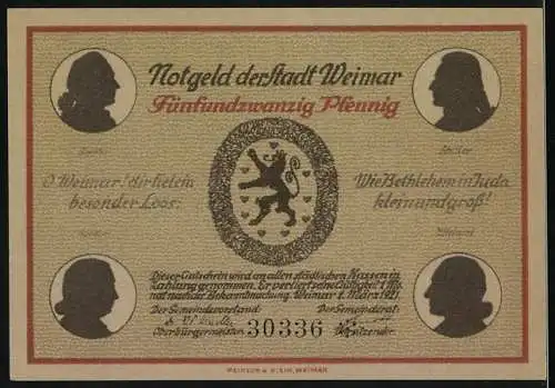 Notgeld Weimar, 1921, 25 Pfennig, Schillerhaus mit Zitaten von Goethe und Wieland