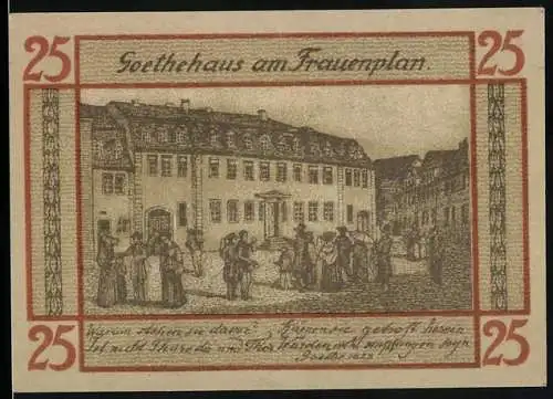 Notgeld Weimar, 1921, 25 Pfennig, Goethehaus am Frauenplan und vier Silhouetten auf Rückseite