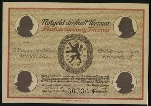 Notgeld Weimar, 1921, 25 Pfennig, Goethehaus am Frauenplan und vier Silhouetten auf Rückseite