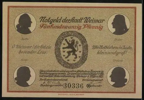 Notgeld Weimar, 25 Pfennig, alte Goethe-Theater und Goethe-Schiller-Denkmal, Ernst ist das Leben-heiter ist die Kunst