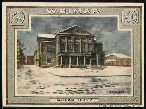 Notgeld Weimar, 1921, 50 Pfennig, Nationaltheater und Wappen mit Ritterhelm