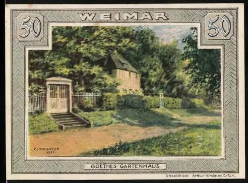 Notgeld Weimar 1921, 50 Pfennig, Goethes Gartenhaus und Wappen mit Flügelhelm