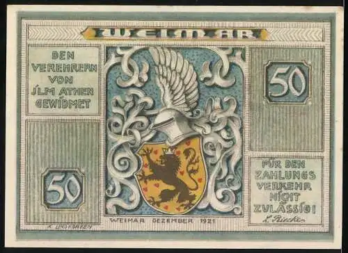 Notgeld Weimar 1921, 50 Pfennig, Goethes Gartenhaus und Wappen mit Flügelhelm