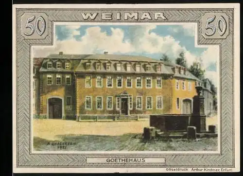 Notgeld Weimar, 1921, 50 Pfennig, Goethes Wohnhaus, Stadtwappen und Hinweistext