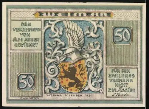 Notgeld Weimar, 1921, 50 Pfennig, Goethes Wohnhaus, Stadtwappen und Hinweistext