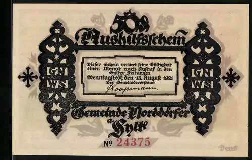 Notgeld Wenningstedt / Sylt 1921, 50 Pfennig, farbige Landschaft und gotische Verzierungen