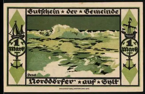 Notgeld Wenningstedt / Sylt, 1921, 1 Mark, Gutschein der Gemeinde mit Wellendarstellung und maritimen Motiven