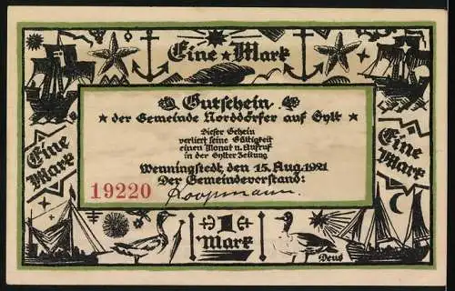 Notgeld Wenningstedt / Sylt, 1921, 1 Mark, Gutschein der Gemeinde mit Wellendarstellung und maritimen Motiven