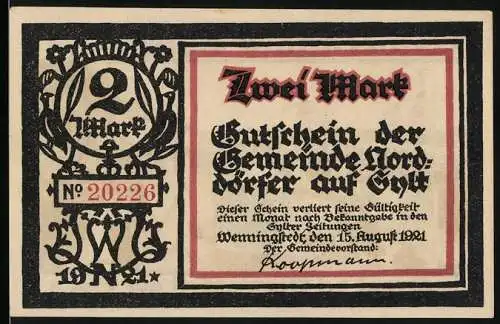 Notgeld Wenningstedt 1921, 2 Mark, Gutschein der Gemeinde Norddörfer auf Sylt mit Strandmotiv