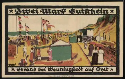 Notgeld Wenningstedt 1921, 2 Mark, Gutschein der Gemeinde Norddörfer auf Sylt mit Strandmotiv