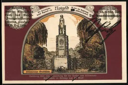 Notgeld Altrahlstedt 1921, 10 Mark, Lithografie einer Grabstätte und einer Person in Landschaft