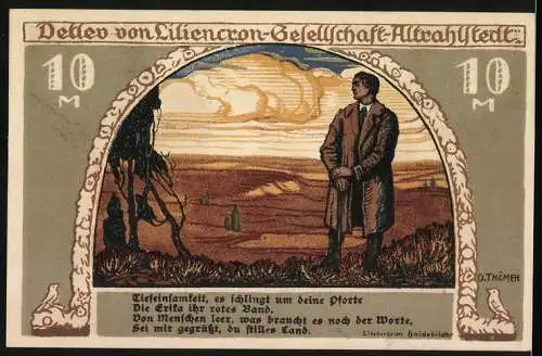 Notgeld Altrahlstedt 1921, 10 Mark, Lithografie einer Grabstätte und einer Person in Landschaft