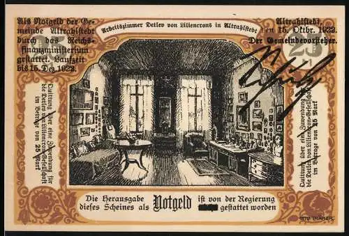 Notgeld Altrahlstedt, 1922, 25 Mark, Arbeitszimmer Detlev von Liliencron und Pflügender Bauer