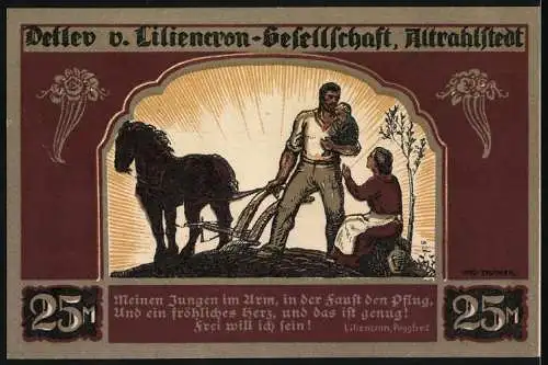 Notgeld Altrahlstedt, 1922, 25 Mark, Arbeitszimmer Detlev von Liliencron und Pflügender Bauer