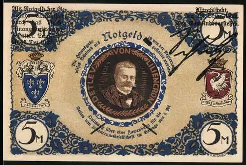 Notgeld Altrahlstedt, 5 Mark, Porträt von Detlev von Liliencron und Gedicht, Detlev v. Liliencron-Gesellschaft