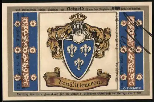 Notgeld Altrahlstedt 1922, 1 Mark, Wappen von Liliencron und Ritter im Kampf mit Drache
