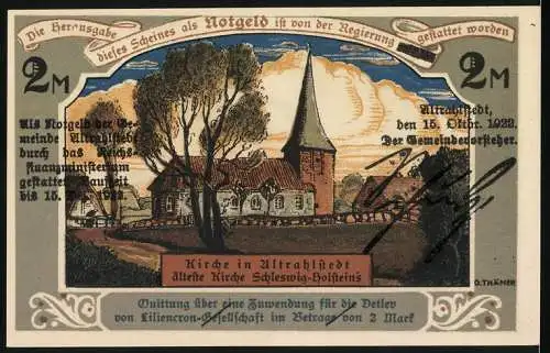 Notgeld Altrahlstedt, 1922, 2 Mark, Detlev von Liliencron-Gesellschaft Altrahlstedt, Kirche und Ruderer im Boot