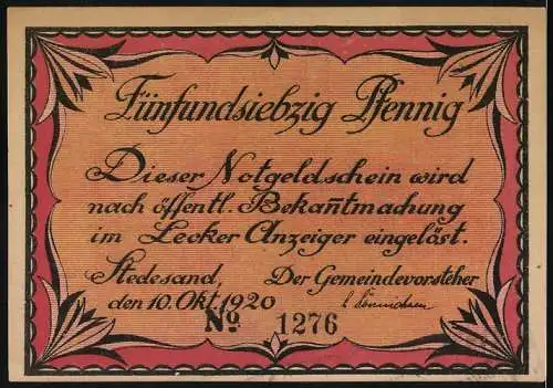 Notgeld Stedesand 1920, 75 Pfennig, Szene mit Frauen und einem Mann am Tisch