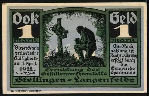 Notgeld Stellingen-Langenfelde, 1922, 1 Mark, Errichtung der Gefallenen-Ehrenstätte und Landschaftsbild